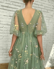 Embroidered Sage Green Prom Dresses Tulle Mesh Half Sleeves Flower Mexi Dress