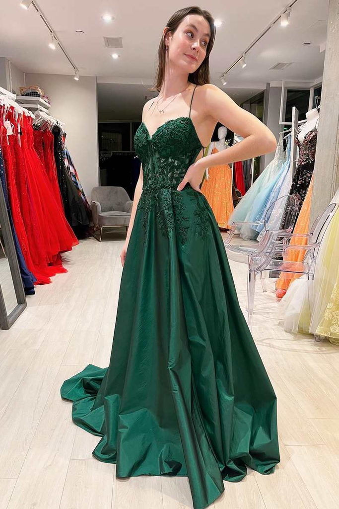 Emerald Green Prom Dresses A-Line Lace Satin Evening Dress UK Graduati ...