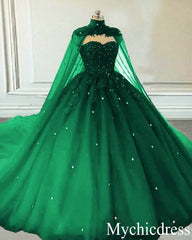 Tulle Ball Gown Emerald Green Quinceanera Dresses Crystals With Cape Free