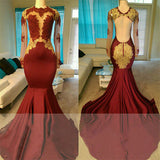 Sexy Long Sleeves Open Back Burgundy Gold Prom Dresses On Sale