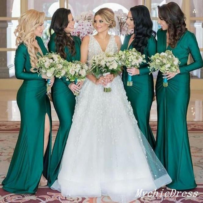 Bridesmaid Green Gown With Sleeves Fall Wedding Guest Dress