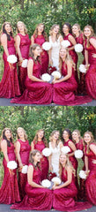 Sleeveless Mermaid Sequin Red Bridesmaid Dresses Round Neck