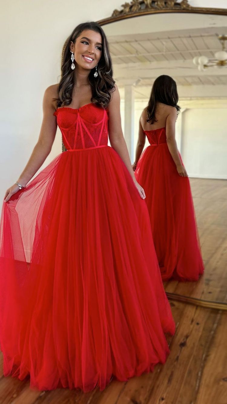 Floor length Red Long Prom Dresses Lace Tulle Strapless Evening Dress