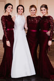 Floor Length Long Sleeves Burgundy Bridesmaid Dresses Lace Mermaid Belt
