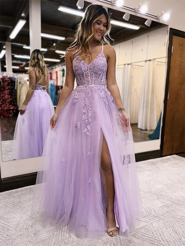 Purple Tulle A Line V Neck Lace Appliques Prom Dress PL503 | Promnova