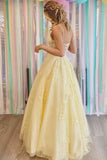 Floor Length Yellow Prom Dresses Lace V-Neck Appliques Long Formal Dresses