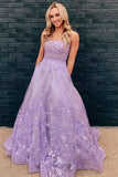 Floral Long Purple Lace Prom Dresses Lilac A Line Formal Evening Dresses Pockets