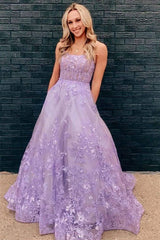 Floral Long Purple Lace Prom Dresses Lilac 2024 Formal Evening Dresses Pockets