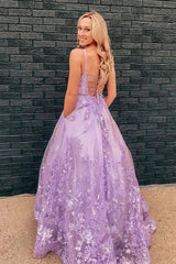 Floral Long Purple Lace Prom Dresses Lilac 2024 Formal Evening Dresses Pockets