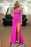 Fuchsia Sequins Long Prom Dresses Mermaid Strapless Lace-Up Back with Slit