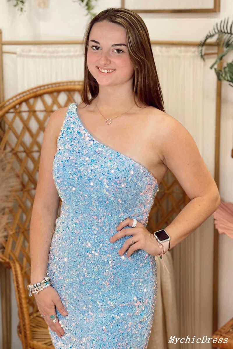 Glitter Light Blue Sequin 2025 Hoco Dresses Tight One Shoulder