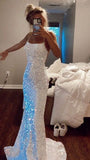 Glitter Mermaid White Iridescent Prom Dress Sequin Sparkly Evening Gown Backless