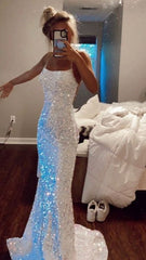 2024 Mermaid White Iridescent Prom Dress Sequin Sparkly Evening Gown Backless