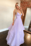 Glitter Purple Tulle Long Prom Dress Unique V-Neck A-Line Evening Formal Dresses
