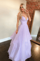 Glitter Purple Tulle Long 20224 Prom Dress Unique V-Neck A-Line Evening Formal Dresses