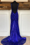Glitter Royal Blue Sequins Prom Dresses Regency Backless Mermaid Formal Dress