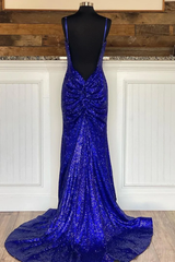 Glitter Royal Blue 2024 Sequins Prom Dresses Regency Backless Mermaid Formal Dress
