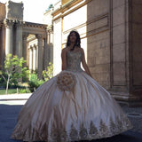 Sweetheart Embroidery Satin Gold Quinceanera Dresses Lace Ball Gowns