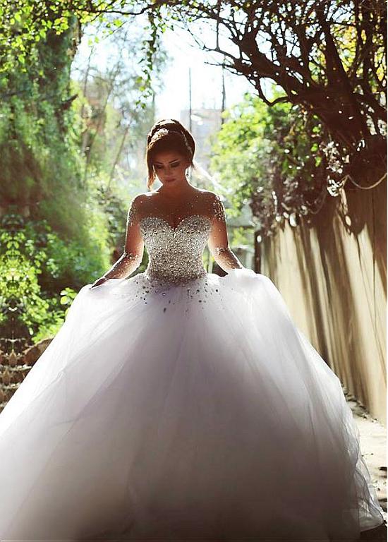 Gorgeous Crystals Tulle Vintage Ball Gown Wedding Dress Long Sleeves MyChicDress