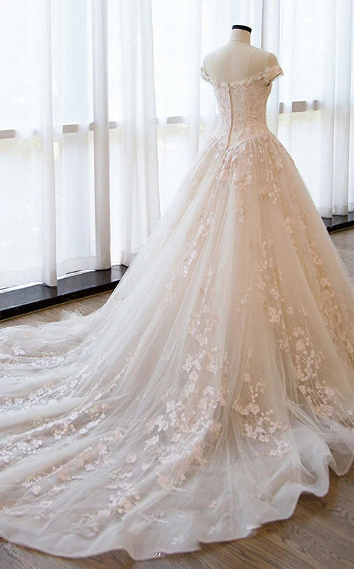 Gorgeous Off the Shoulder Lace Wedding Dresses Tulle Vintage Bridal Gown MyChicDress
