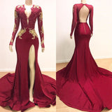 Long Mermaid Gold Red Lace Prom Dresses Mermaid Formal Gowns