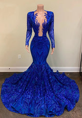 Gorgeous Mermaid Royal Blue Prom Dresses 2024 Long Sleeve Sequin Formal Gala Gowns