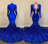 Gorgeous Mermaid Royal Blue Prom Dresses 2024 Long Sleeve Sequin Formal Gala Gowns