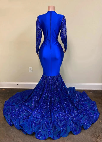 Gorgeous Mermaid Royal Blue Prom Dresses 2024 Long Sleeve Sequin Forma ...