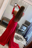 Gorgeous Sweetheart Red Long Prom Dresses 2023 Feathers with Detachable Sleeves