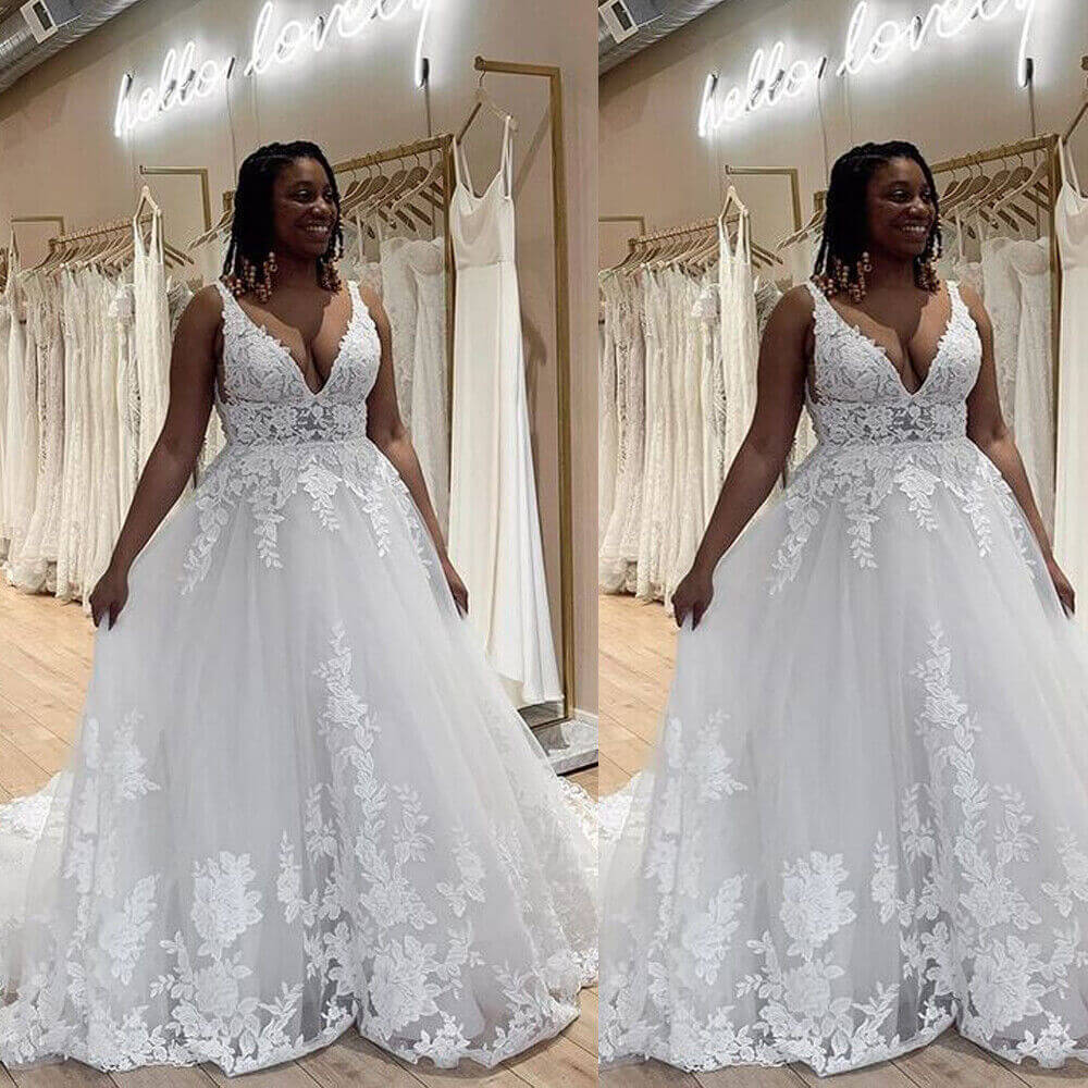 Gorgeous V Neck Beach White Plus Size Wedding Dresses Lace Boho Bridal –  MyChicDress