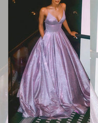 A Line Glitter Metallic Prom Dresses With Pockets Spaghetti Strap