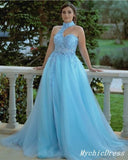 Unique Lace Halter Prom Dresses Blue Tulle Applique Formal Dresses