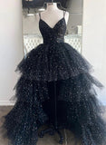 High Low Black Long Formal Dresses V neckline Tulle Prom Dresses Layers