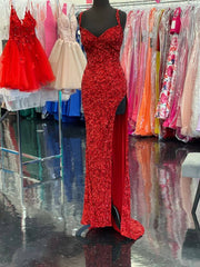 2024 High Slit Sequin Red Prom Dresses Long V Neckline Mermaid Evening Dress