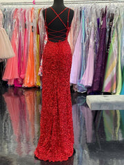 2024 High Slit Sequin Red Prom Dresses Long V Neckline Mermaid Evening Dress