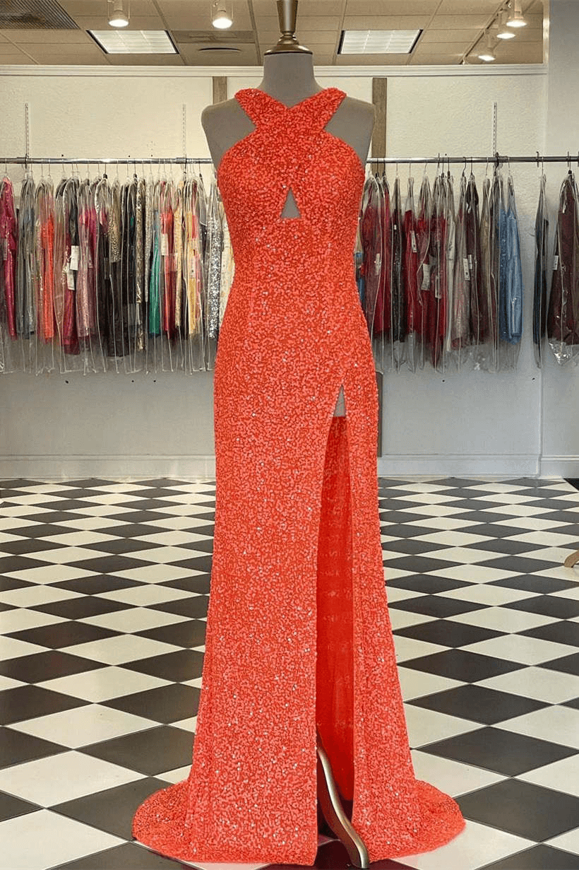 Hot orange Sequin Prom Dress Fitted Sleeveless Formal Dress with Slit MyChicDress