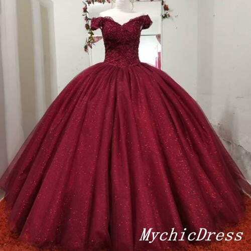 Hot Burgundy Ball Gown Sequin Wedding Dresses Lace Quince Dresses MyChicDress