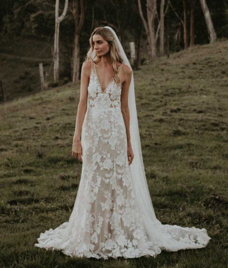 Hot Lace Beach Lace Wedding Dress Drop Waist Mermaid V Neck Sleeveless US14 / Ivory Hot Lace Beach Lace Wedding Dress Drop Waist Mermaid V Neck Sleeveless US14 / Ivory
