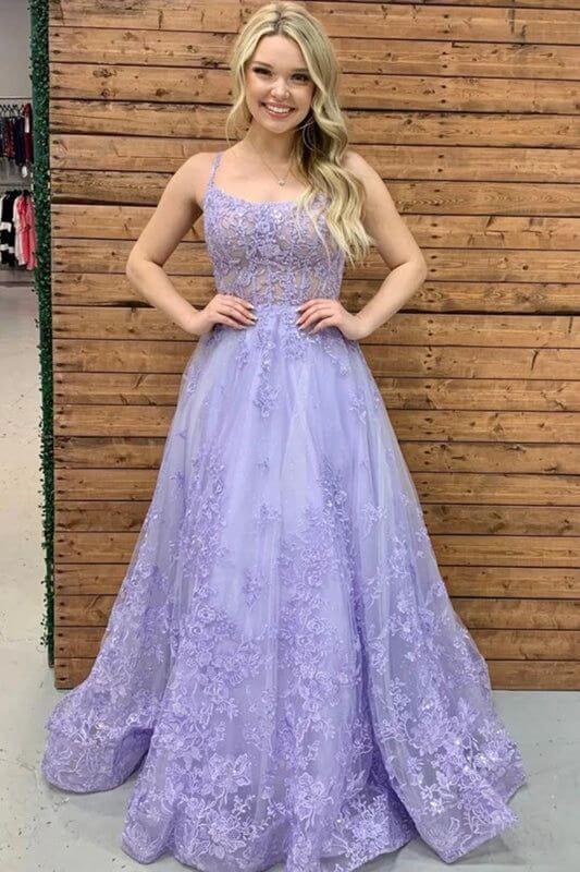 Hot Lace Long Violet Prom Dresses Floral Lavender Formal