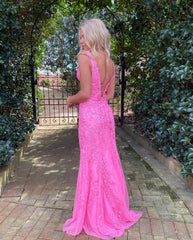 Hot Pink Lace Long Prom Dresses Mermaid V Neck Sexy Evening Dress UK MyChicDress
