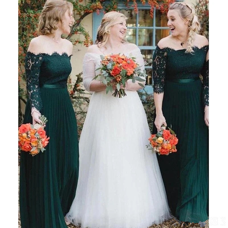 Hot Sale Off Shoulder Dark Green Lace Bridesmaid Dresses Half Sleeves MyChicDress