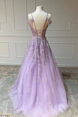 Hot 2024 Violet Purple Prom Dresses Tulle Lace Appliques A-Line Formal Dress