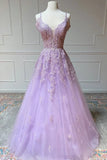 Hot 2024 Purple Prom Dresses Tulle Lace Appliques V Neck A-Line Formal Dress