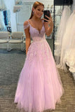 Hot 2024 Purple Prom Dresses Tulle Lace Appliques V Neck A-Line Formal Dress