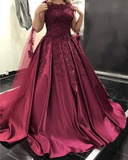 Hot Ball Gown Burgundy Prom Dress Satin Lace Cap Sleeves Wedding Dress