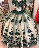 Hot Ball Gown Green Quicneanera Dress 3D Flowers Off The Shoulder Sweet 16 Party Dresses