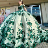 Hot Ball Gown Green Quicneanera Dress 3D Flowers Off The Shoulder Sweet 16 Party Dresses