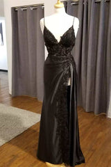Hot 2024 Black Long Prom Dress Lace V Neck Formal Dresses A Line High split