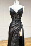 Hot Black Lace Applique Formal Dresses A Line V Neck Prom Dress High split