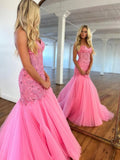 Hot Floral Long Corset Prom Dresses Mermaid Pink Lace Formal Dress Strapless